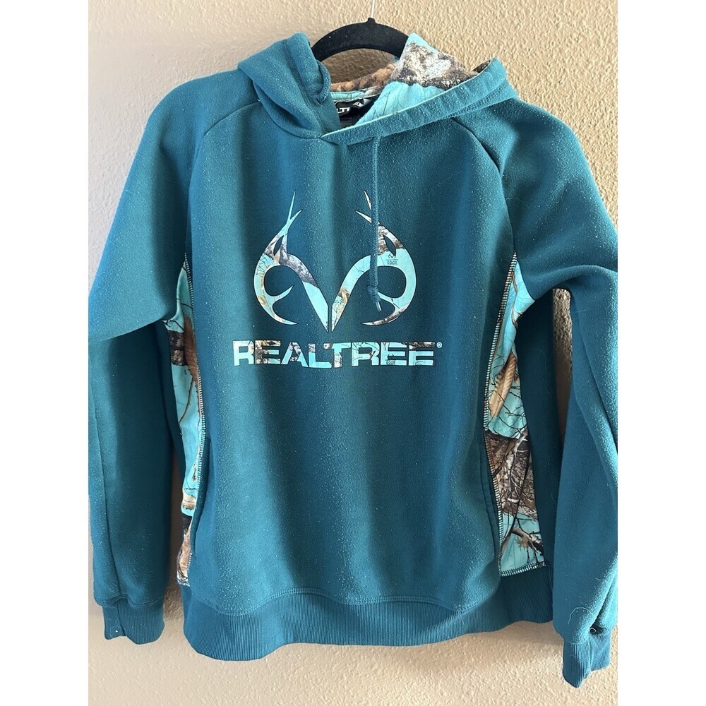 Hoodie Sz M By Realtree Dark Teal With Graphic , Hood Lined In Flannel Print